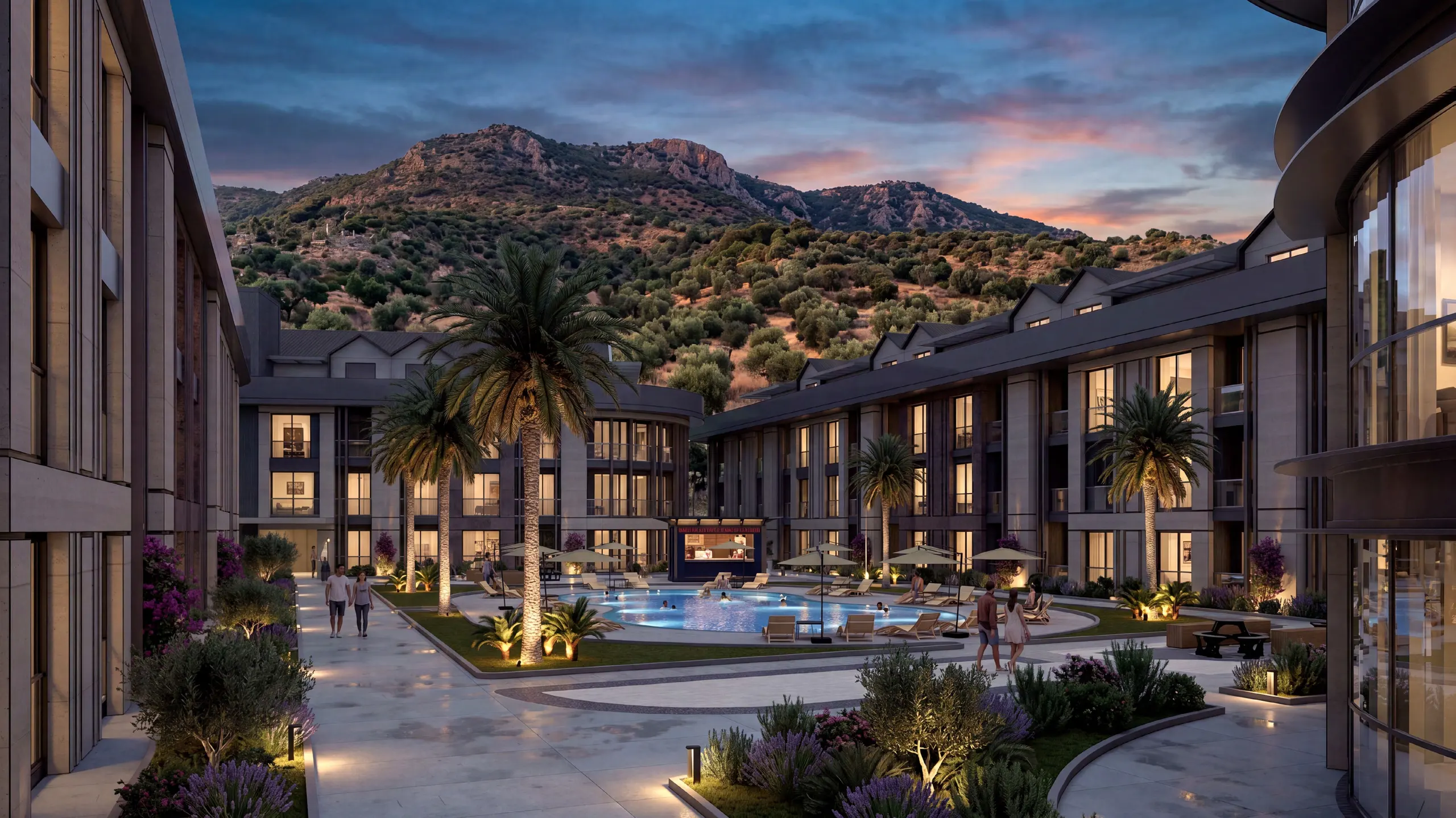 Rooftop garden terrace with pergolas and sunset mountain view
