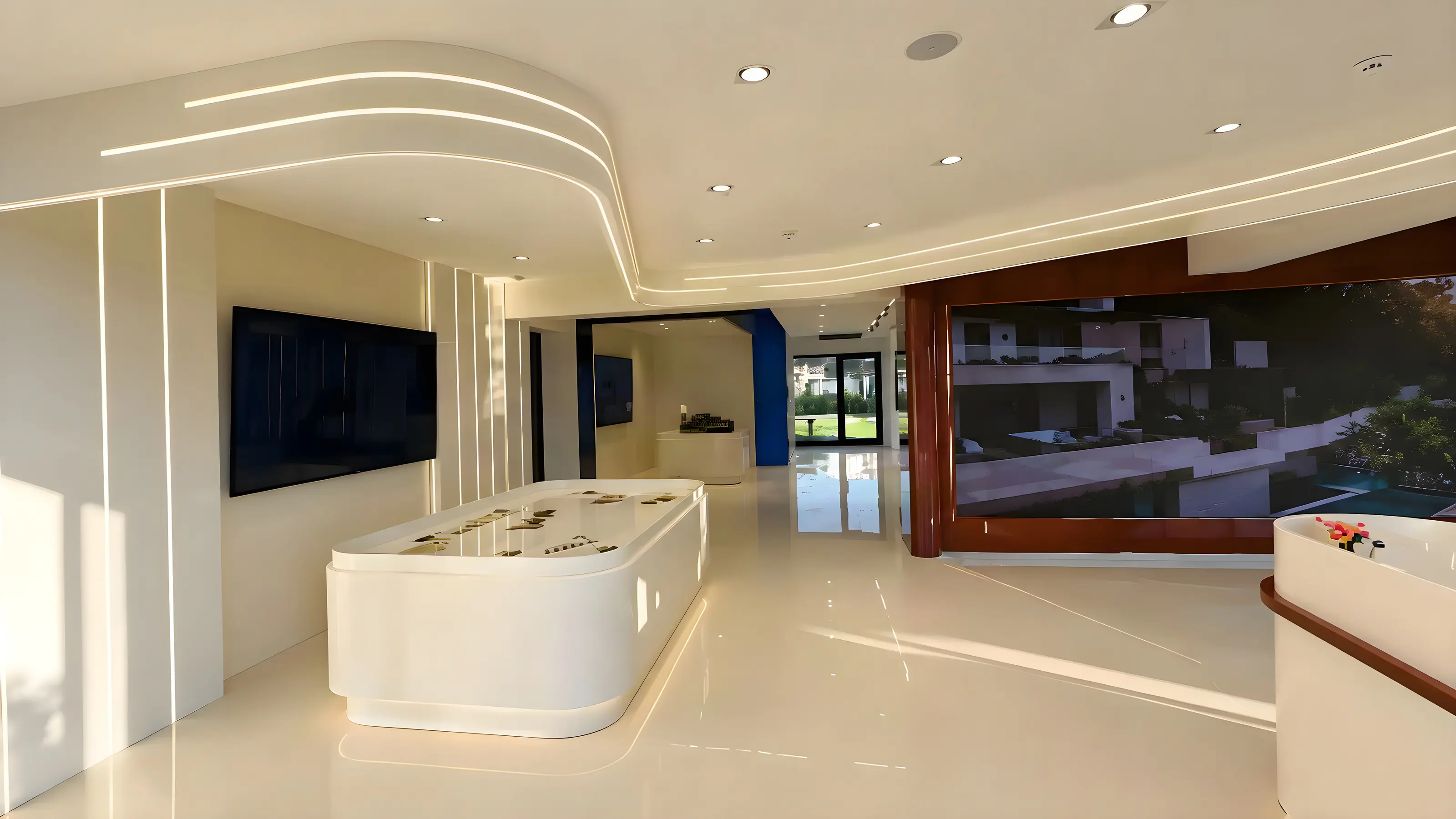 Weite Showroom-Halle, umgeben von Projektvisualisierungen